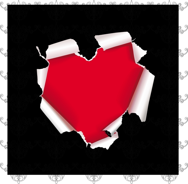 古典花纹上撕开的纸红心图片
