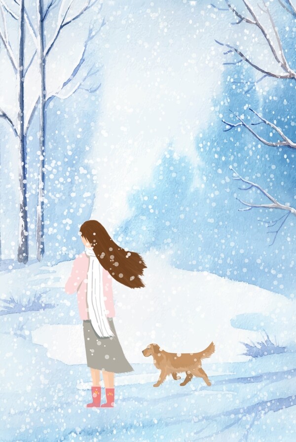 彩绘冬天节气女孩背景素材
