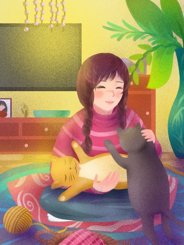 萌宠陪伴谷歌肌理温馨客厅里和两只猫咪玩耍