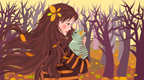 秋日私语森林里和猫低声呢喃的少女清新插画
