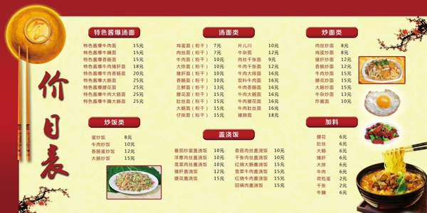 面館價目表圖片