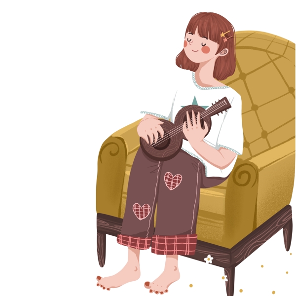 复古肌理坐在沙发上弹吉他的少女