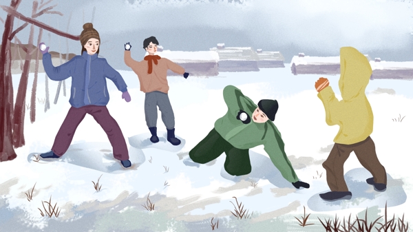 二十四节气大雪打雪仗肌理原创插画