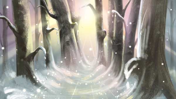 手绘写实风景森林雪季背景