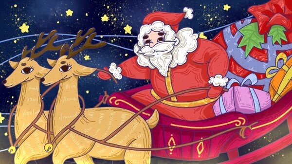 圣诞节圣诞老人夜晚星星礼物鹿雪橇节日插画