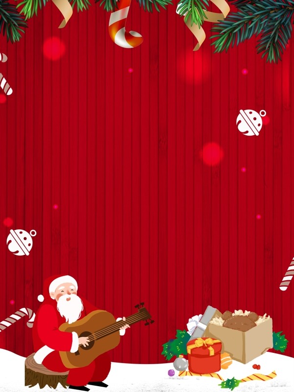 红色喜庆坐着弹吉他的圣诞老人背景素材