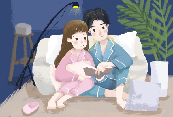 七夕节夜晚情侣在家看书浪漫小清新原创插画