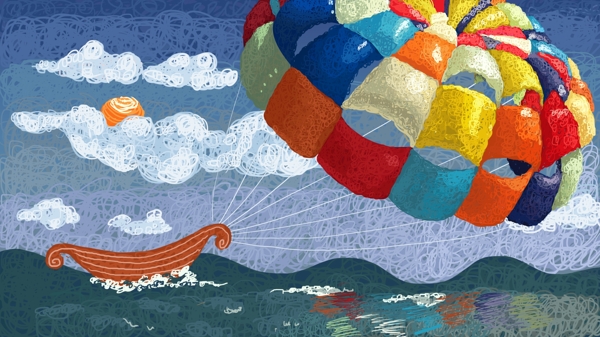 大海里被降落伞拉动的小船线圈插画
