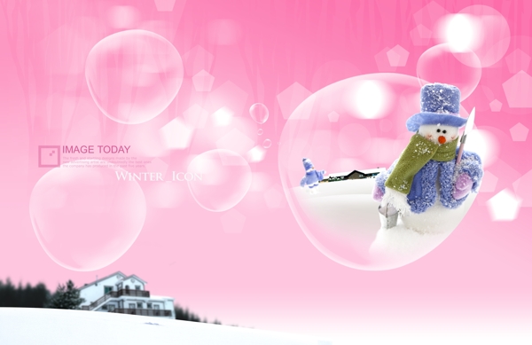 粉色背景前的泡泡和雪人