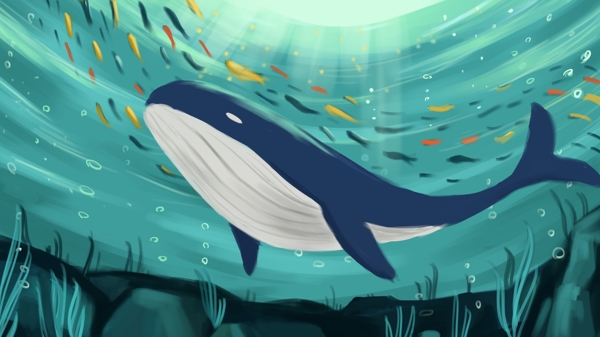 深海遇鲸海底的鲸鱼治愈插画海报配图