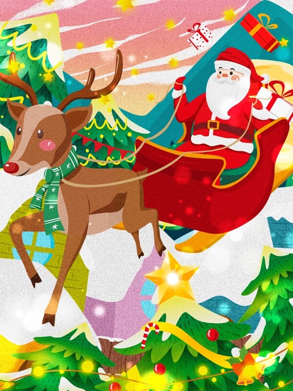 圣诞节圣诞老人驯鹿雪橇车送礼圣诞树插画