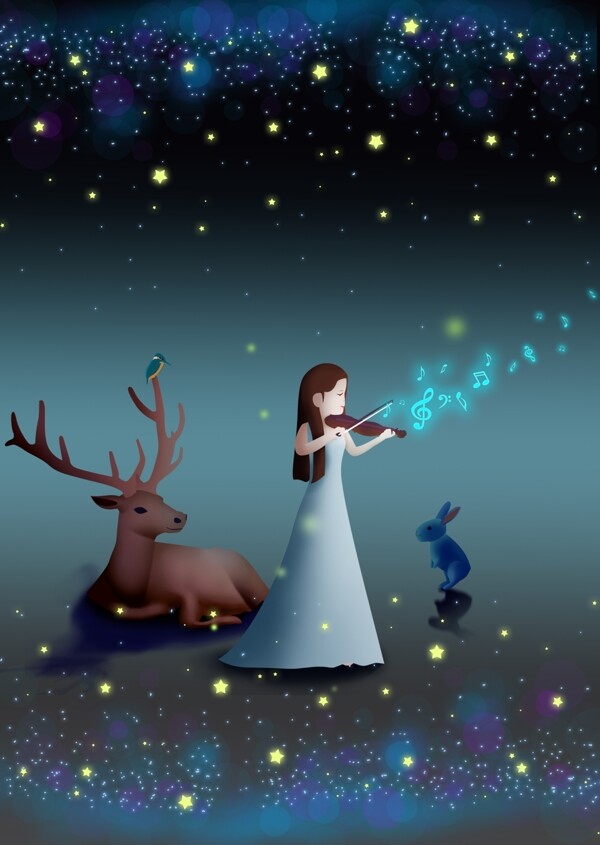 小女孩拉小提琴插画海报背景