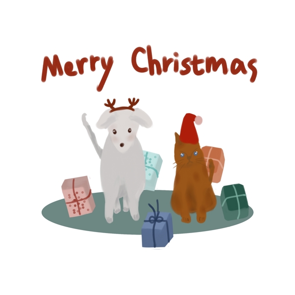 圣诞节插画宠物猫狗圣诞快乐PNG图片