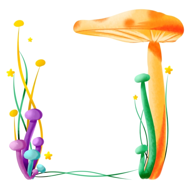商用手绘插画植物边框蘑菇可爱小清新素材