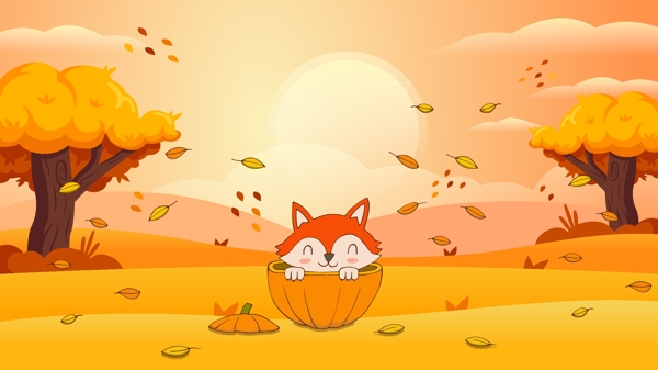 秋天你好秋天落叶中的小狐狸矢量插画