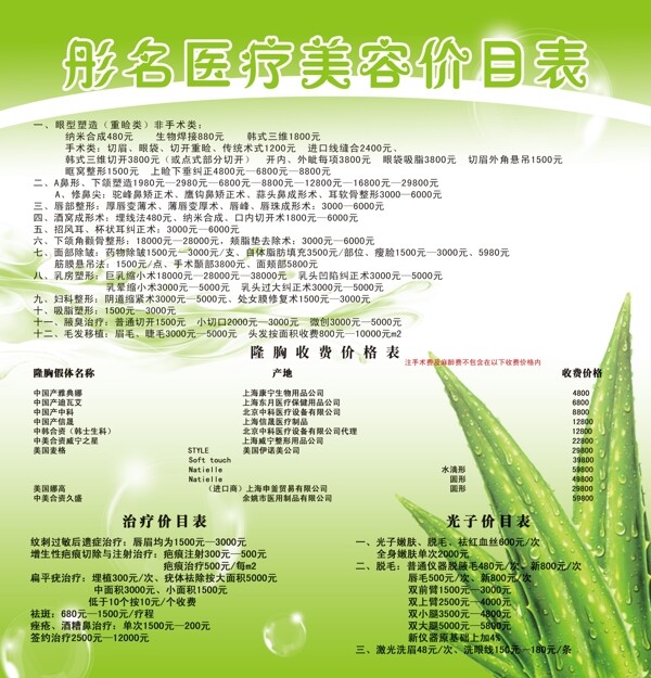 醫(yī)療美容價格表圖片