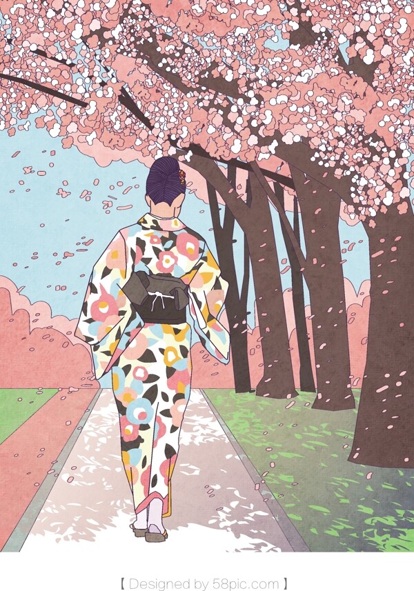 日本樱花节主题少女走在樱花树林插画