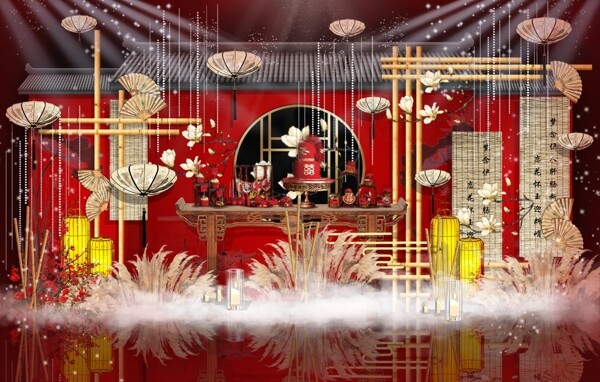 红色复古设计新中式婚礼效果图