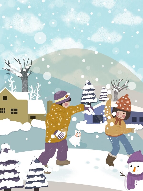 彩繪冬季打雪仗背景設(shè)計(jì)