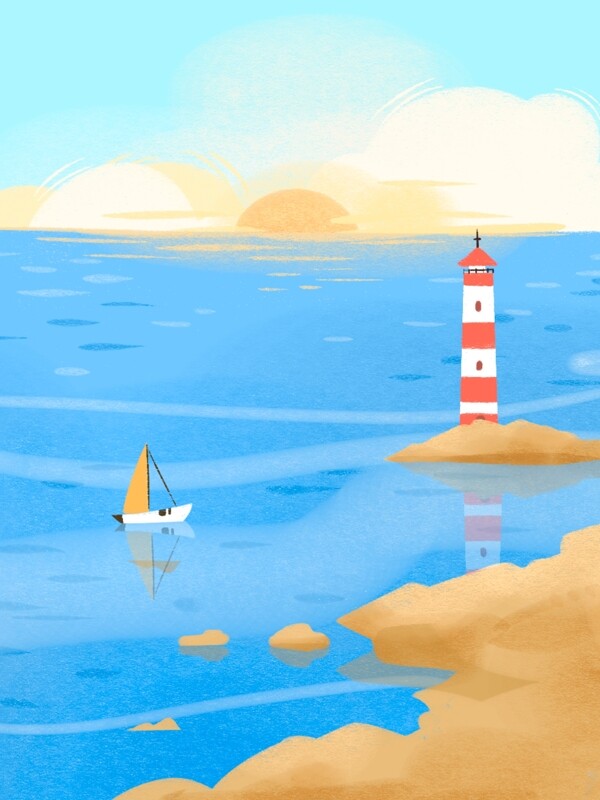 卡通海洋沙滩灯塔背景