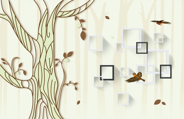 抽象树飞鸟框框背景墙图片