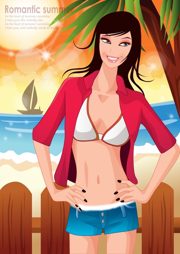 美女海邊卡通風(fēng)景畫(huà)