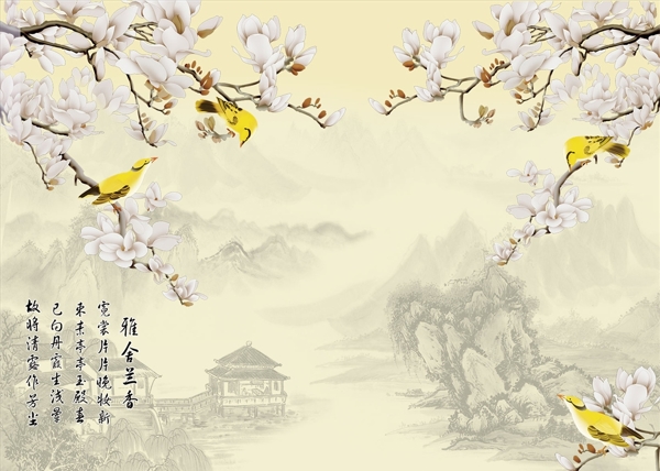 花鸟画玉兰黄鹂背景墙图片