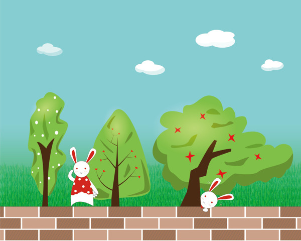 围墙上的小兔子插画