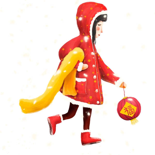 猪年大雪中穿红衣提灯笼的女孩