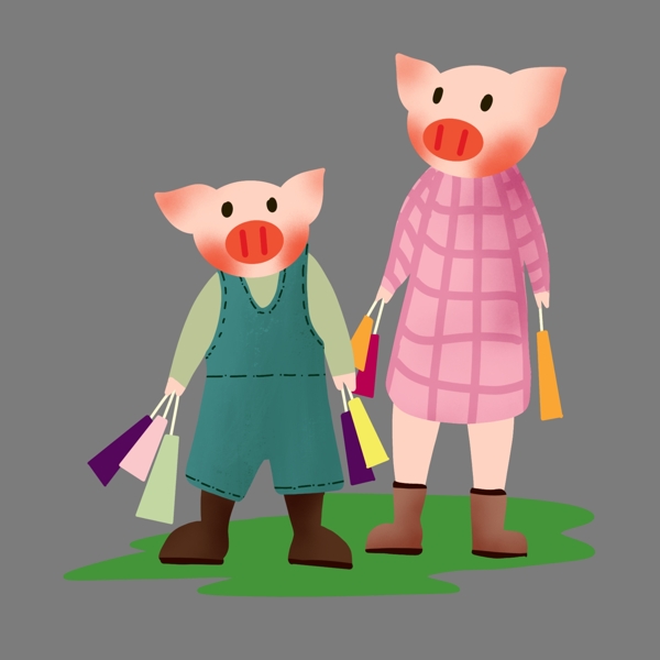 新年猪猪购物手绘插画