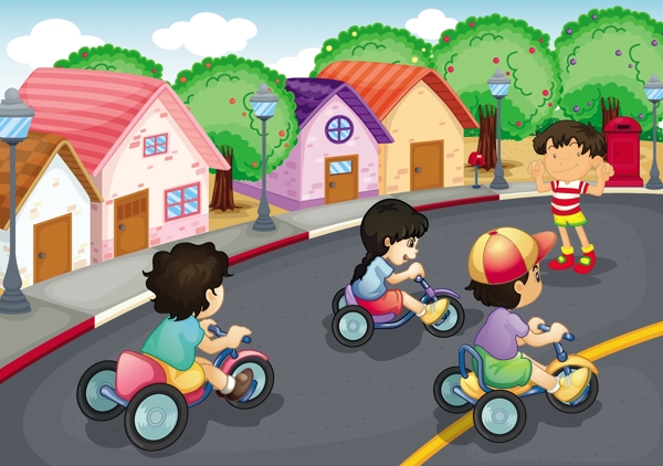 卡通儿童骑车比赛插画矢量素材