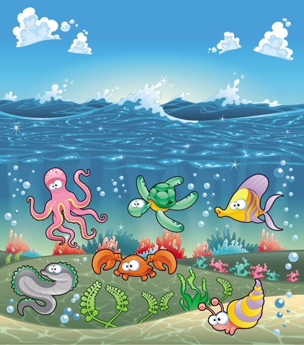 矢量素材卡通海洋生物插画