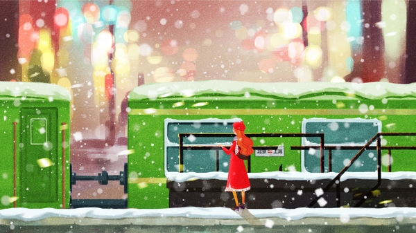 唯美冬天你好女孩搭火车浪漫雪景原创插画