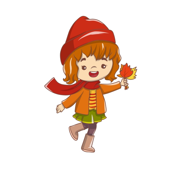 手绘卡通可爱秋天拿着叶子的女孩