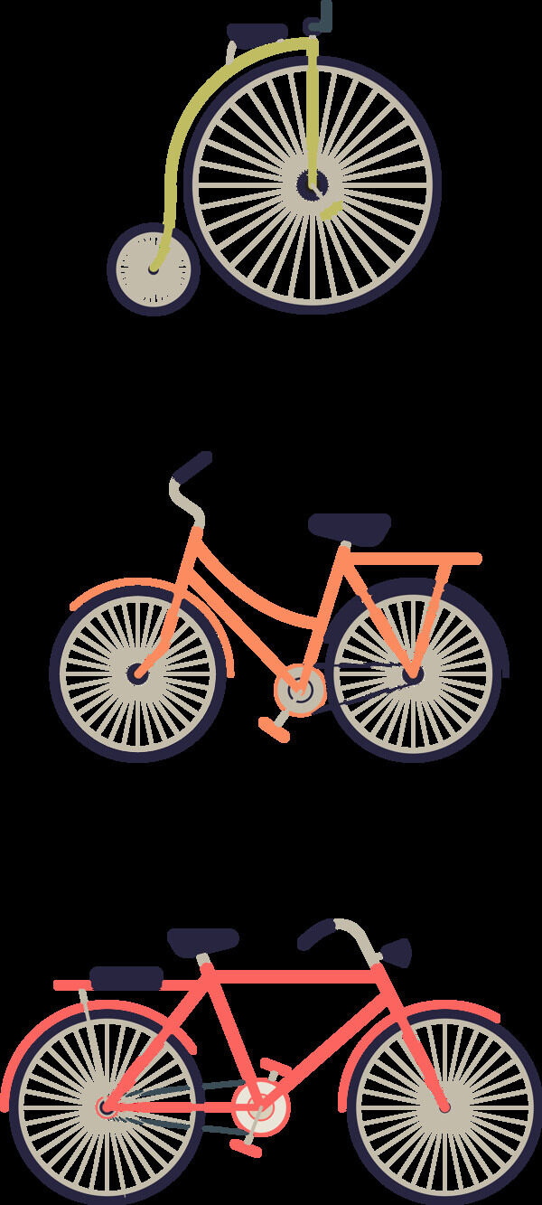 手绘三种自行车插画抠png透明图层素材