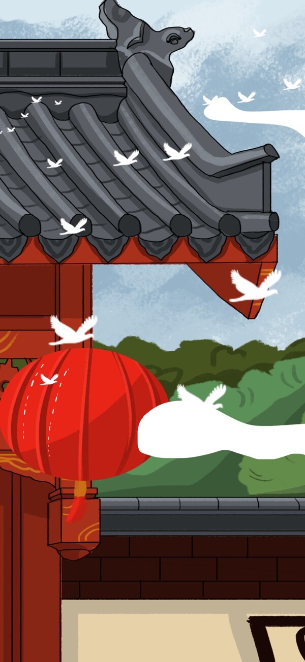 庭院木门复古中国风古风建筑庭院插画素材