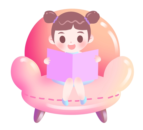 坐在沙发上读书的小女孩插画