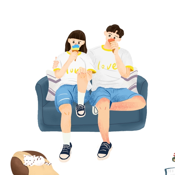 手绘穿着情侣装坐在沙发上吃冰淇淋的情侣