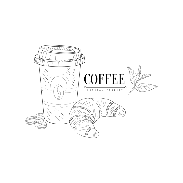 手绘咖啡和牛角包插画