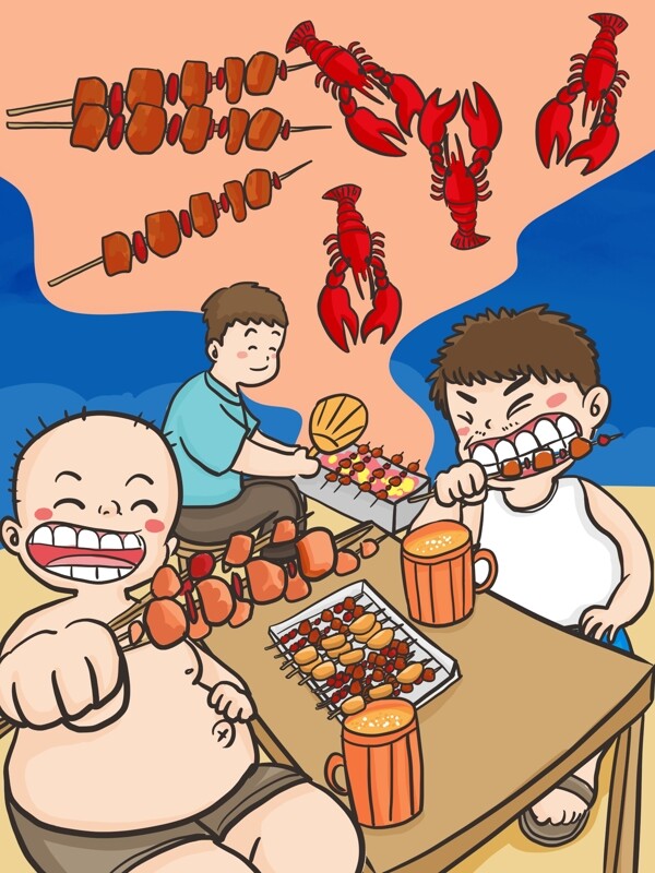 食物插画烧烤美食大汉吃烧烤和龙虾手绘插画