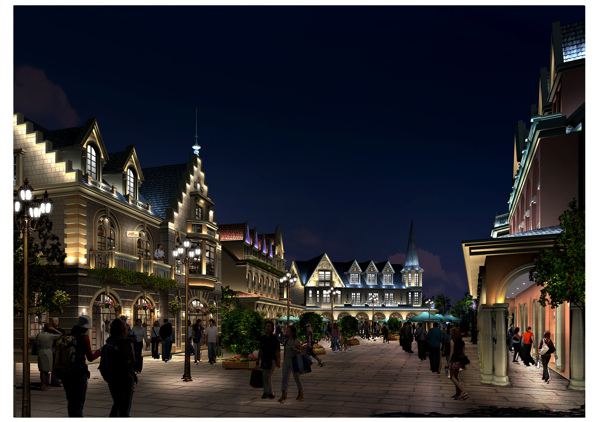 欧式建筑商业街夜景效果图图片