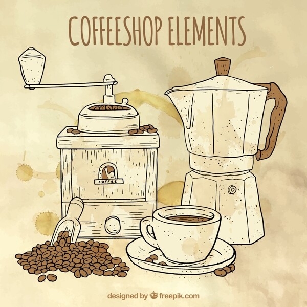 水彩背景与咖啡机和咖啡研磨机草图