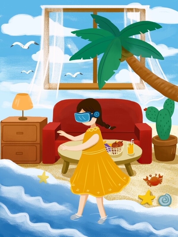 VR虚拟现实世界女孩身临其境海滩插画