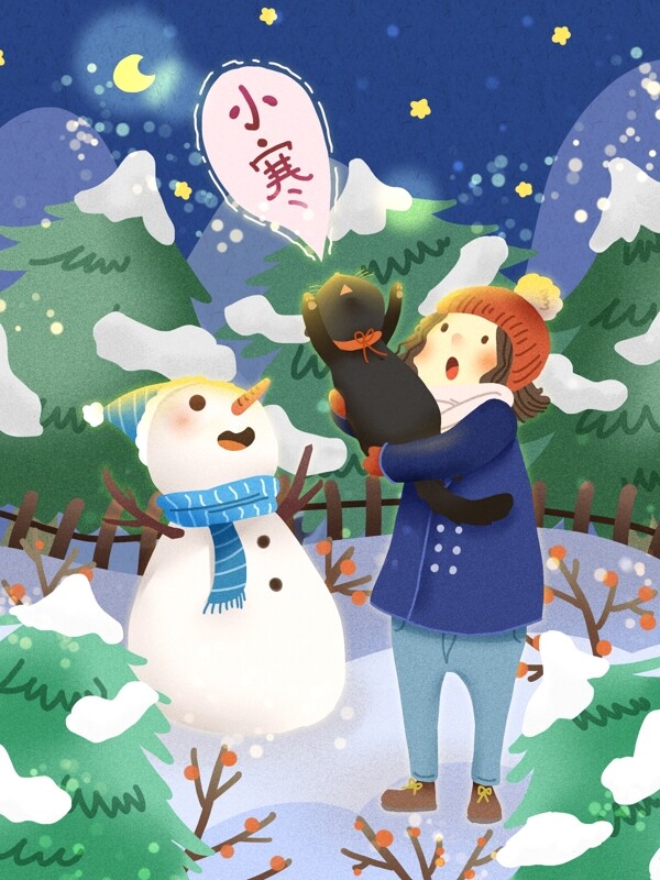 节气小寒之女孩抱着猫咪雪人冬天雪松