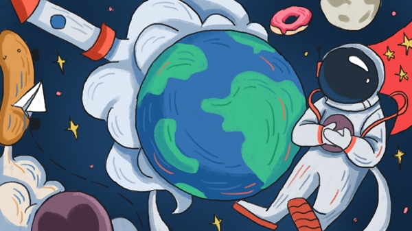 宇宙探索地球元素太空漫步插画