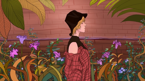 植物插画系列戴帽子的女孩