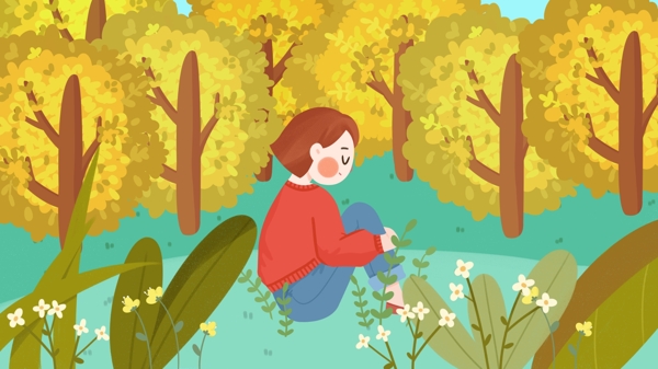 秋天10月你好树林女孩花植物手绘卡通插画