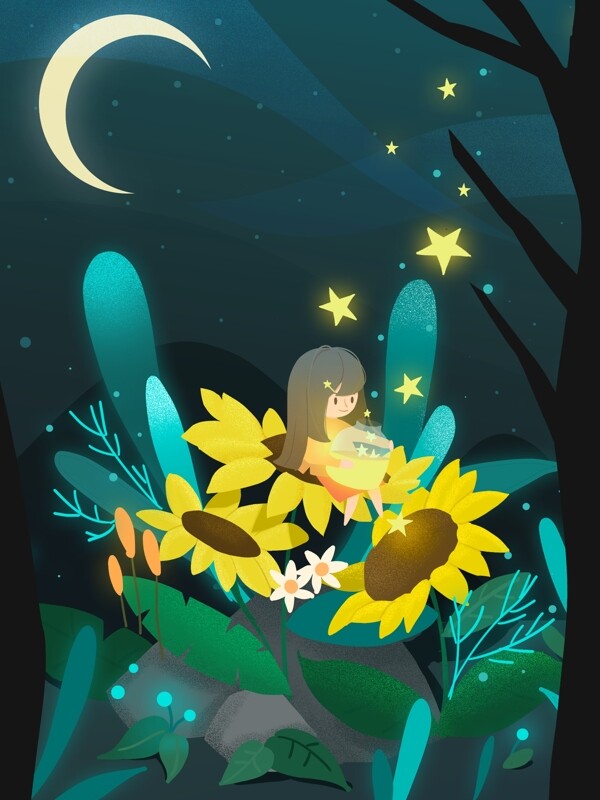 星空下的花仙子向日葵插画