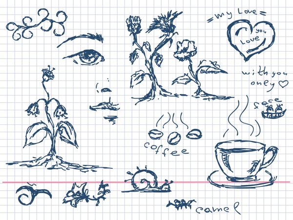 手绘植物咖啡和其他元素矢量素材