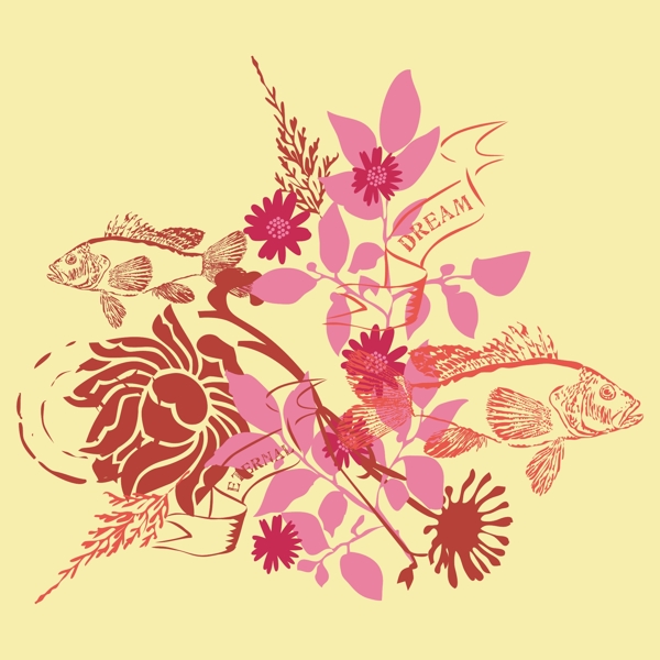 印花矢量圖T恤圖案圖文結(jié)合動物魚免費素材